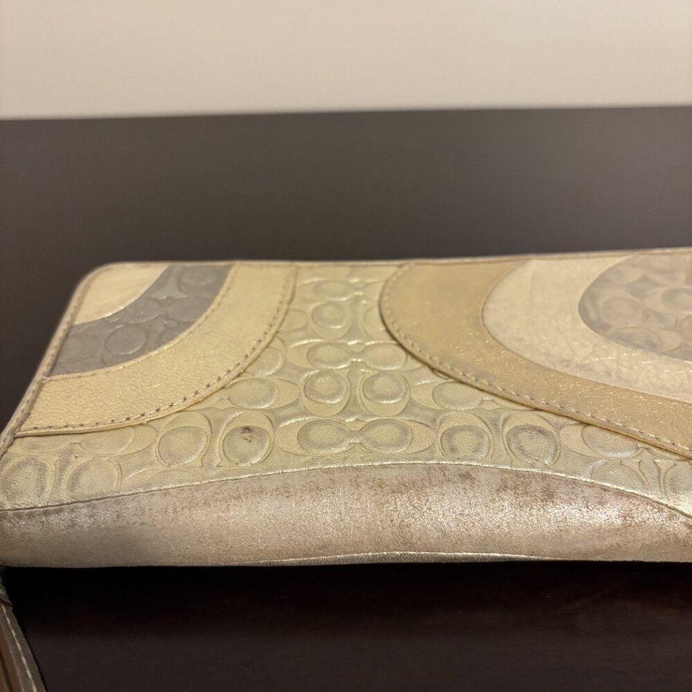 Coach Peyton Op Art Metallic Gold Silver Leather Suede Zip Around Wallet - Picture 5 of 12